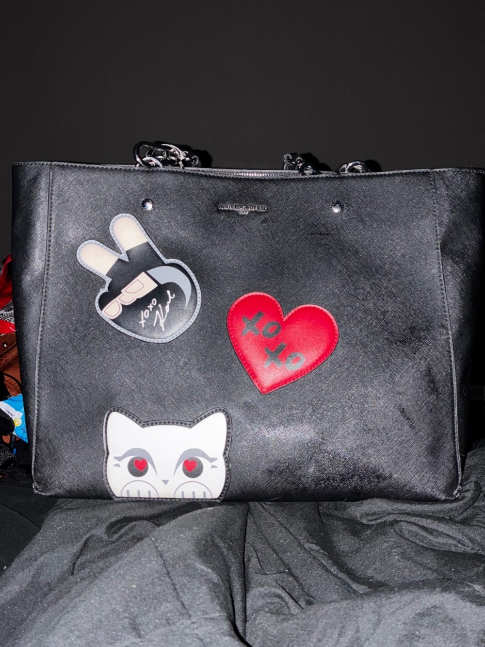 Karl Lagerfeld Adele Black Tote Bag with Fun Patches New With Tags